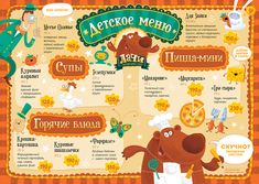 a cartoon bear is standing in front of a menu with the names of different foods