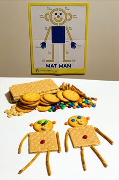 some crackers and cookies are arranged in the shape of an image of a man