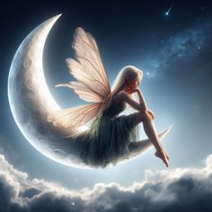 a fairy sitting on the moon in the sky