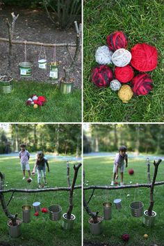 several pictures of children playing in the grass with balls and crochets on them