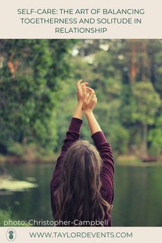 a woman holding her hands up in the air with text overlay that reads self - care