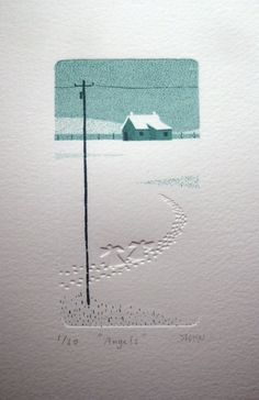 a piece of paper with an image of a house in the distance and a telephone pole