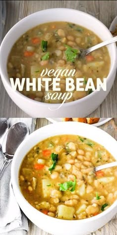 two bowls of vegan white bean soup on a wooden table with spoons and silverware