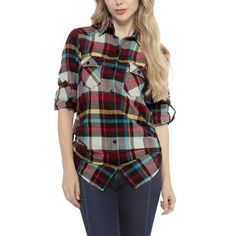 These versatile Matchstick Women's Checked Shirts look great layered over a t-shirt, or adjust the sleeve and hem length for a more fashionable look. It is constructed with 100% fine skin-friendly cotton, it's soft, comfortable, breathable, and easy to wear. These blouses last forever and never go out of style. The perfect lady's check shirt for work, casual wear, and a must for vacations. It with generous size selection for different body shapes, and plus size is available as well. Size: M.  Co Check Print Shirt, Checked Shirt Women, Checked Shirts, Casual Plaid Shirt, Women's Button Down Shirt, Long Sleeve Flannel, Check Shirt, Work Shirts, Casual Blouse