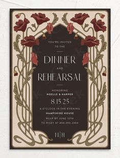 an art deco wedding card with red flowers