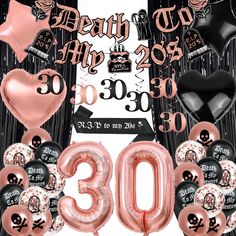 an image of 30th birthday party decorations and balloons in pink, black and white colors