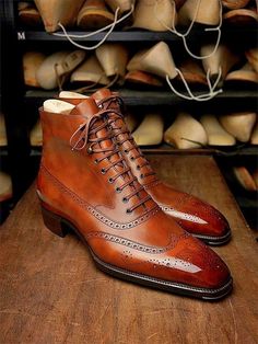 Elevate your shoe game with these bespoke leather handmade shoes. Made with genuine leather, these oxfords come in brown and blue, and are available in all US, UK, EU, and AU sizes. The comfortable insole and standard shoe width make them perfect for any occasion. Designed with a solid pattern and lace-up closure, these handmade shoes are a vintage addition to any wardrobe. The leather outsole adds durability and longevity to these unique boots. Customize them to your liking with personalization Classic Vintage Brown Boots For Formal Occasions, Brown Brogues, Brogues Men, Brogue Boots, Gentleman Shoes, Bespoke Shoes, New Mens Fashion, Ankle Boots Men, High Ankle Boots