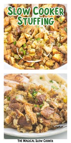 two different views of slow cooker stuffing on a plate with the title above it