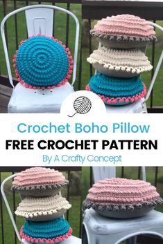 crochet boho pillow is shown with the text, free crochet pattern