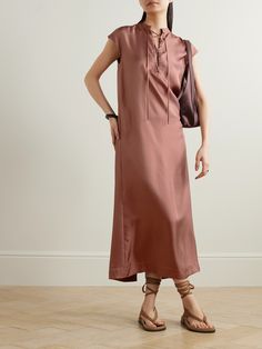 LOULOU STUDIOS forgoes fleeting trends in favor of well-made classics, and its 'Demeter' midi dress is one with definite staying power. Cut from antique-rose silk-twill for a slightly loose fit, it has cap sleeves and a lace-up neckline. Wear yours with strappy sandals or chunky loafers. Casual Silk Dress For Fall, Casual Silk Dresses For Fall, Casual Silk Knee-length Midi Dress, Casual Knee-length Silk Midi Dress, Silk Casual Midi Dress For Spring, Casual Silk Midi Dress, Silk Midi Dress For Daywear In Fall, Casual Silk Midi Dress For Work, Silk Dresses For Work