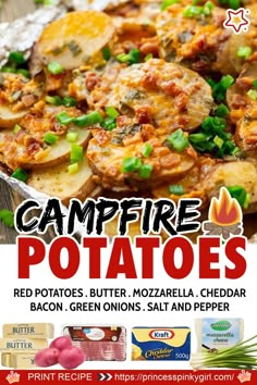 an advertisement for campfire potatoes with the caption's description in english and spanish