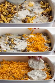 three images showing how to make cheesy ground beef casserole