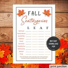 the fall word scramble printable is displayed on a wooden background with autumn leaves around it