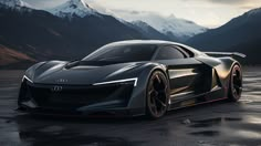 an audi sports car is shown in front of mountains