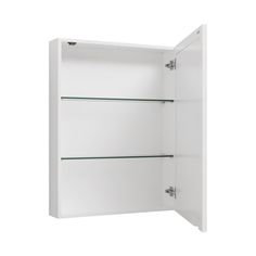 an open white cabinet with glass shelves on each side and two doors at the bottom