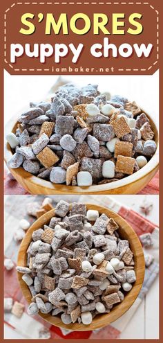 a bowl full of s'mores puppy chow is shown with the title above it