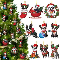 a christmas tree decorated with ornaments and dogs hanging from it's sides, including a dog in a sleigh ornament