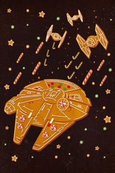 an image of a star trek ship with candy canes and candies around it