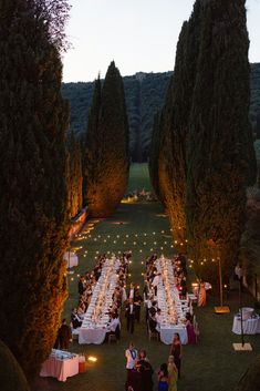 an aerial view of a formal dinner in the middle of a field with tall trees