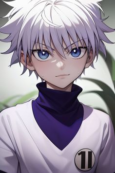 an anime character with white hair and blue eyes, wearing a purple collared shirt