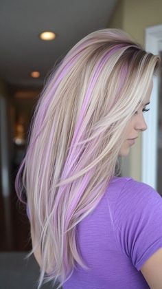 Hair Ideas Blonde With Streaks Of Color, Very Dimensional Blonde, Peekaboo Hair Color For Blondes, Blonde Hair With Coloured Highlights, Blonde With Vivid Color, Color Ends Of Hair, Cute Hair Dye Ideas For Blondes, Blonde Hair With Purple Highlights, Blonde Hair With Purple Streaks