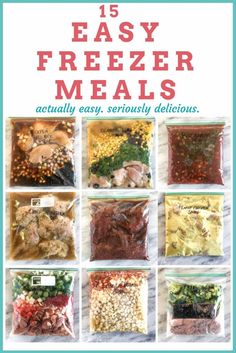 freezer meals with the title 15 easy freezer meals, including vegetables and meats