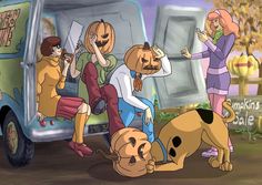 cartoon characters sitting in front of a van with pumpkins on their faces and dogs around them