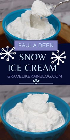 two bowls filled with snow ice cream on top of a wooden table next to a spoon