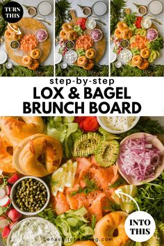 the instructions for how to make a bagel brunch board with different toppings