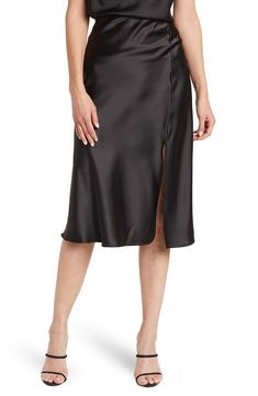 Renee C Satin Slit Midi Skirt | Nordstromrack Black Satin Midi Skirt, Leopard Print Midi Skirt, Silk Slip Skirt, Skirt Collection, Print Midi Skirt, Cotton Midi Skirt, Work Skirts, Satin Midi Skirt, Printed Midi Skirt