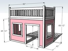 a drawing of a bunk bed with stairs on the top and bottom floor, measurements