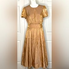 Zara Copper Midi Dress Nwot Size M Voluminous / Pleated Short Sleeve - Round Neck - Beautiful Metallic Copper Color - Midi Length - Interior Lining 100% Polyester As Well As Exterior - Pleated Bodice With 2 1/2” Waistband - Hidden Back Zip Closure - Nwot Party - Work - Midi - Casual - Date Night - Cocktail - Pleated - Special Event - Metallic - Copper Gold Fitted A-line Midi Dress, Fitted Gold A-line Maxi Dress, Gold Silk Midi Length Dress, Gold Spring Daywear Dresses, Gold Dress For Spring Daywear, Cocktail Midi Dress With Short Sleeves And Lining, Zara Silk Midi Dress For Formal Events, Zara Silk Midi Dress For Formal Occasions, Zara Short Sleeve Midi Cocktail Dress