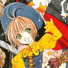 an anime character with green eyes and yellow hair is surrounded by other characters in the background