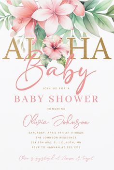 a baby shower with pink flowers and leaves