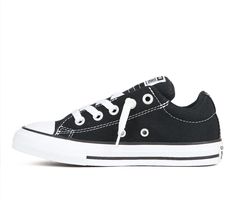 Step up your everyday style with these Chuck Taylor All Star High Street OX sneakers. Breathable canvas upper with padded tongue and collar, Slip-on entry with decorative lace-up front, Iconic rubber toe cap and textured toe bumper, Lightly cushioned insole with fabric lining, Vulcanized rubber midsole with sidewall trim, Durable rubber outsole with traction pattern, Converse® All Star branding details | Kids' Converse Little Kid Chuck Taylor All Star Street Ox Slip-On Sneakers in Black/White Si Converse Low-top Sneakers For Streetwear, Pattern Converse, Star Branding, Kids Converse, Converse All Star, Chuck Taylor All Star, Slip On Sneakers, Everyday Style, Ox