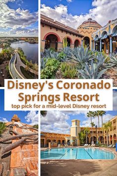 the disney's coronado springs resort is shown in this collage with images