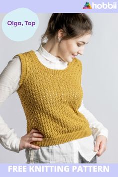 a woman wearing a yellow knitted sweater with text overlay that reads, free knitting pattern