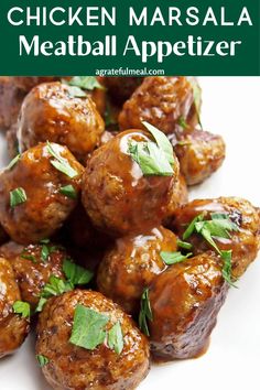 chicken marsala meatball appetizer on a white plate