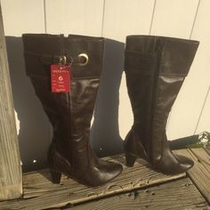 Nwt! Womens Brown Merona Kaiden Boots Size 6 Nice Stitching Details Buckles At Top Zip Close Approx. Measurements: Shaft From Bottom Of Heel To Top Of Boot: 13.5" Narrowest Part Of Shaft Around Ankle: 10.25" Widest Part Of Shaft Around Calf: 13.25" Comes From Smoke Free Home Brown Heel Boots, Boots With Heel, Visual Archive, Shoe Shelf, Stitching Details, Fashion Board, Brown Leather Boots, Pretty Shoes, Dream Shoes