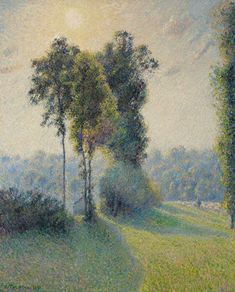 a painting of two trees in a field