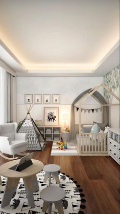 a living room filled with furniture and a baby crib in the middle of it