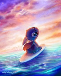 a cartoon character sitting on top of a surfboard in the ocean