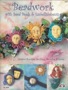 the cover of beadwork with seed beads and embellishments, featuring two faces