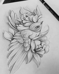 a pencil drawing of a bird with flowers on it