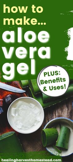 an advertisement for aloe vera gel on a wooden table with ingredients and utensils