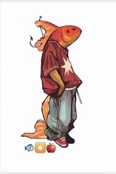 a drawing of a man standing next to a fish