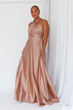 Ariana Multiway Maxi Dress Mocha by Selfie Leslie Beige V-neck Maxi Dress For Cocktail, Formal Brown Maxi Dress With V-neck, Elegant Mauve V-neck Maxi Dress, Beige Stretch V-neck Maxi Dress, Beige Ruched V-neck Maxi Dress, Multiway Dress, Multi Way Dress, Makeup Stain, Clothing Tags