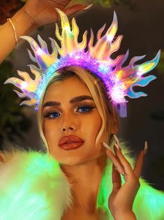 13 Trendy Festival Hairstyles for Coachella and More in 2024 - Fashion Tips Tricks Light Up Crown, Fire Headpiece, Flame Hair, Fire Hair, Festival Headband, Festival Costume, Rave Costumes