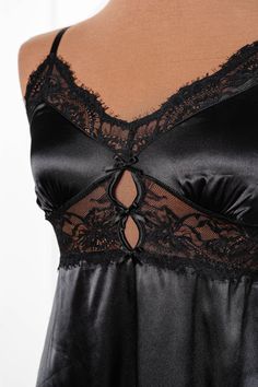 A sweet but sexy top drawer favorite with satin, lace and decorative bows. Black Lace Top For Party With Lace Detail, Black Lace Tops For Party, Black Lace Party Tops, Lace Trim Camisole Tops For Party, Party Camisole Tops With Lace Trim, Black Satin Camisole With Lace Trim, Lace Closure Camisole For Night Out, Party Satin Camisole With Delicate Lace, Chic Party Camisole With Delicate Lace