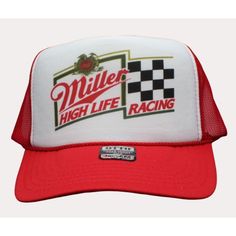 Miller High Life Racing Hat Adult One Size Fits Most, Miller Beer Trucker Hat With Adjustable Closure In The Rear. Foam Hat With Poly Mesh Back. Vintage Style Hat Color - Red / White Cap Features: 100% Polyester Front 100% Nylon Mesh Back 5-Panel Cap Seamless Foam Front Panel With Lining 8 Rows Stitching On Visor Matching Fabric Under Visor Adjustable Plastic Snap Vintage White Trucker Hat For Sports Events, Vintage White Trucker Hat For Sports, Retro White Hats For Sports Events, Retro White Hat For Sports Events, Retro Red Trucker Hat For Sports Events, Red Fitted Hat, Blue Bucket Hat, Vintage Style Hat, Mens Beanie Hats